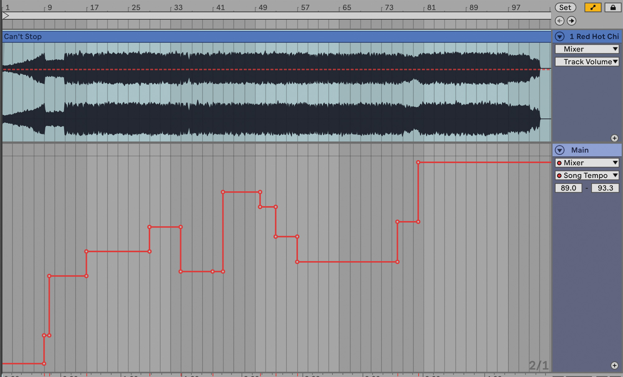 画面❶　下段が「キャント・ストップ」のテンポ・マップ。曲の展開に合わせて階段状に上下しているのと、各パート内では一定しているのが分かる