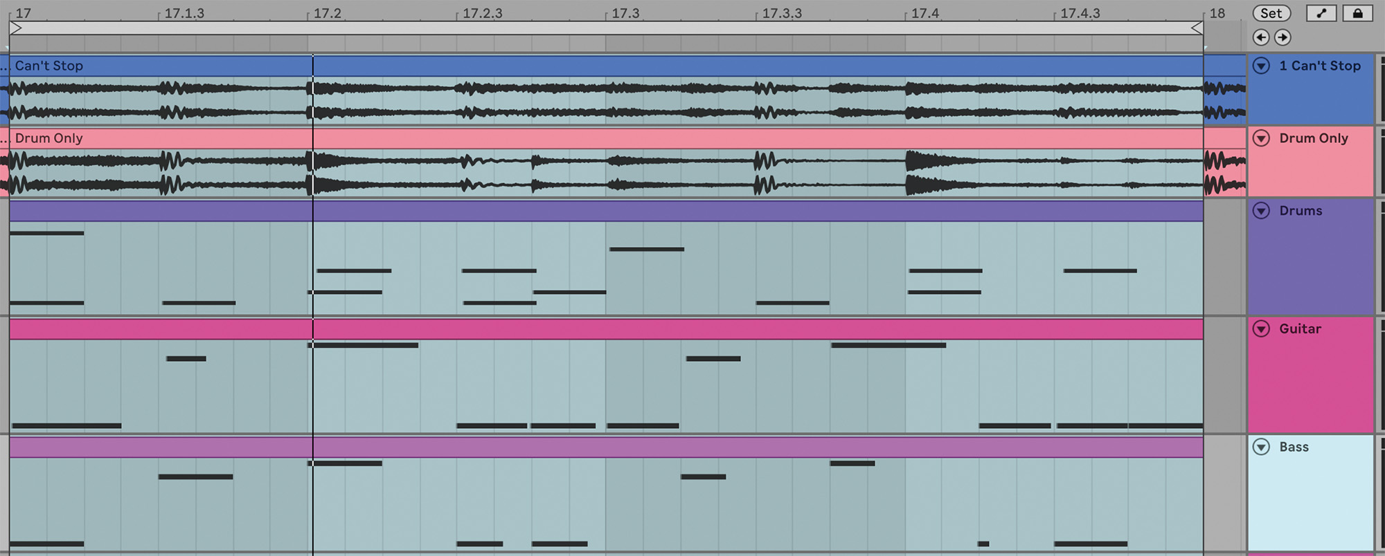 画面❷　「キャント・ストップ」の0:42辺りから１小節をコピーした画面。上から原曲、ドラムのオンリー・トラック、ドラム、ギター、ベースの各パートをコピーしたMIDIトラック