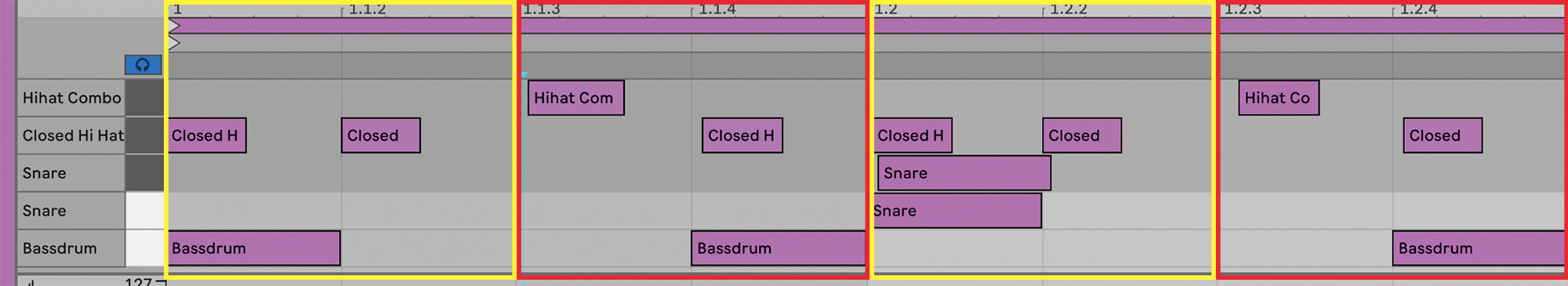 画面❻　「ダーク・ネセシティーズ」の0:42辺りから、楽曲の基本となるリズム・パターンが現れた部分のドラムをコピーしたピアノロール画面。ハイハットが1拍のうち、前半部分（黄枠）はほぼグリッド位置に、後半部分（赤枠）は遅れていて、これが絶妙なスウィング感を生んでいる