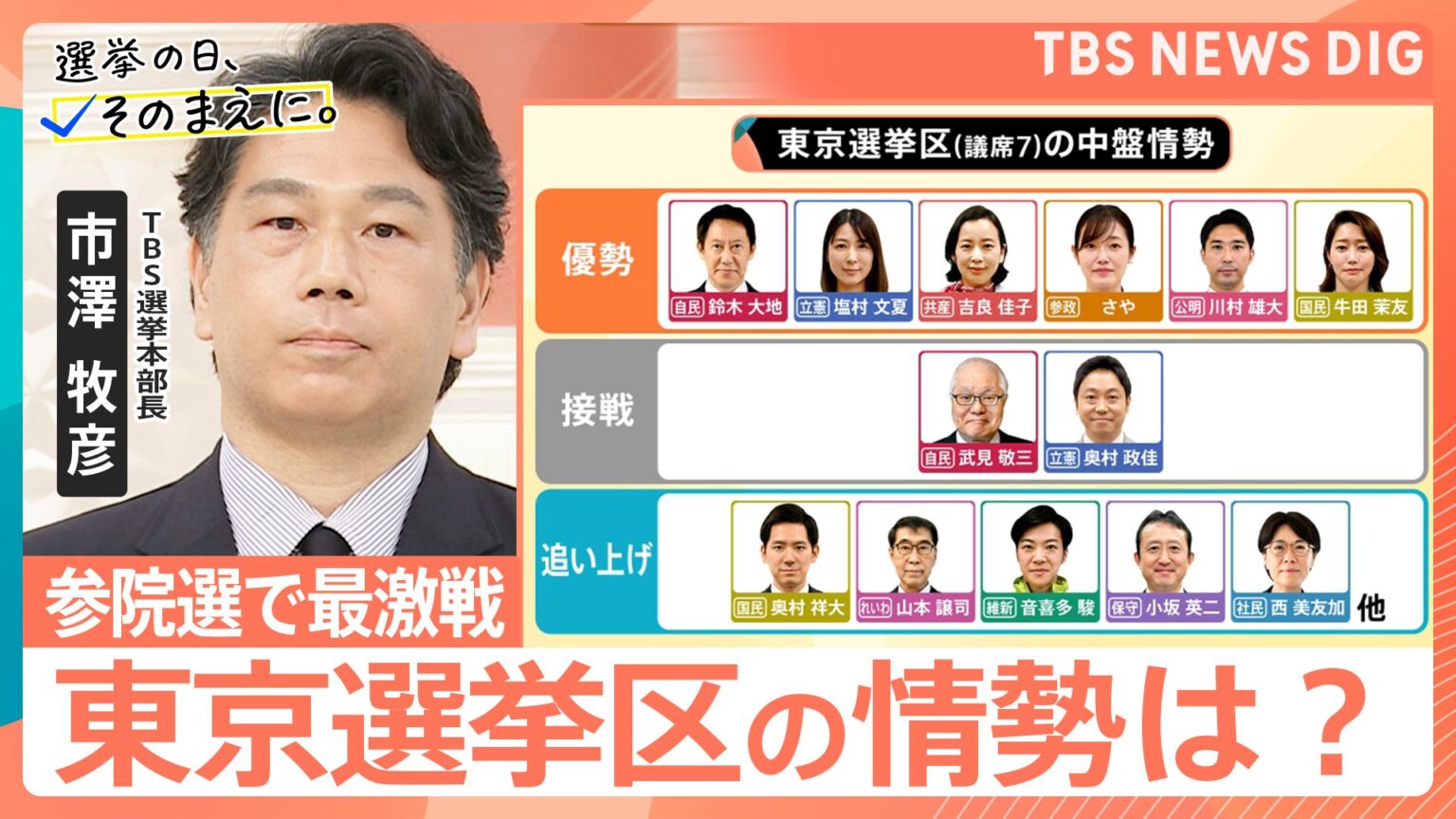 【参議院選挙】最激戦の東京選挙区 7議席に32候補　最新情勢は?都議選後から流れ変化か【選挙の日、そのまえに】（TBS NEWS DIG Powered by JNN）