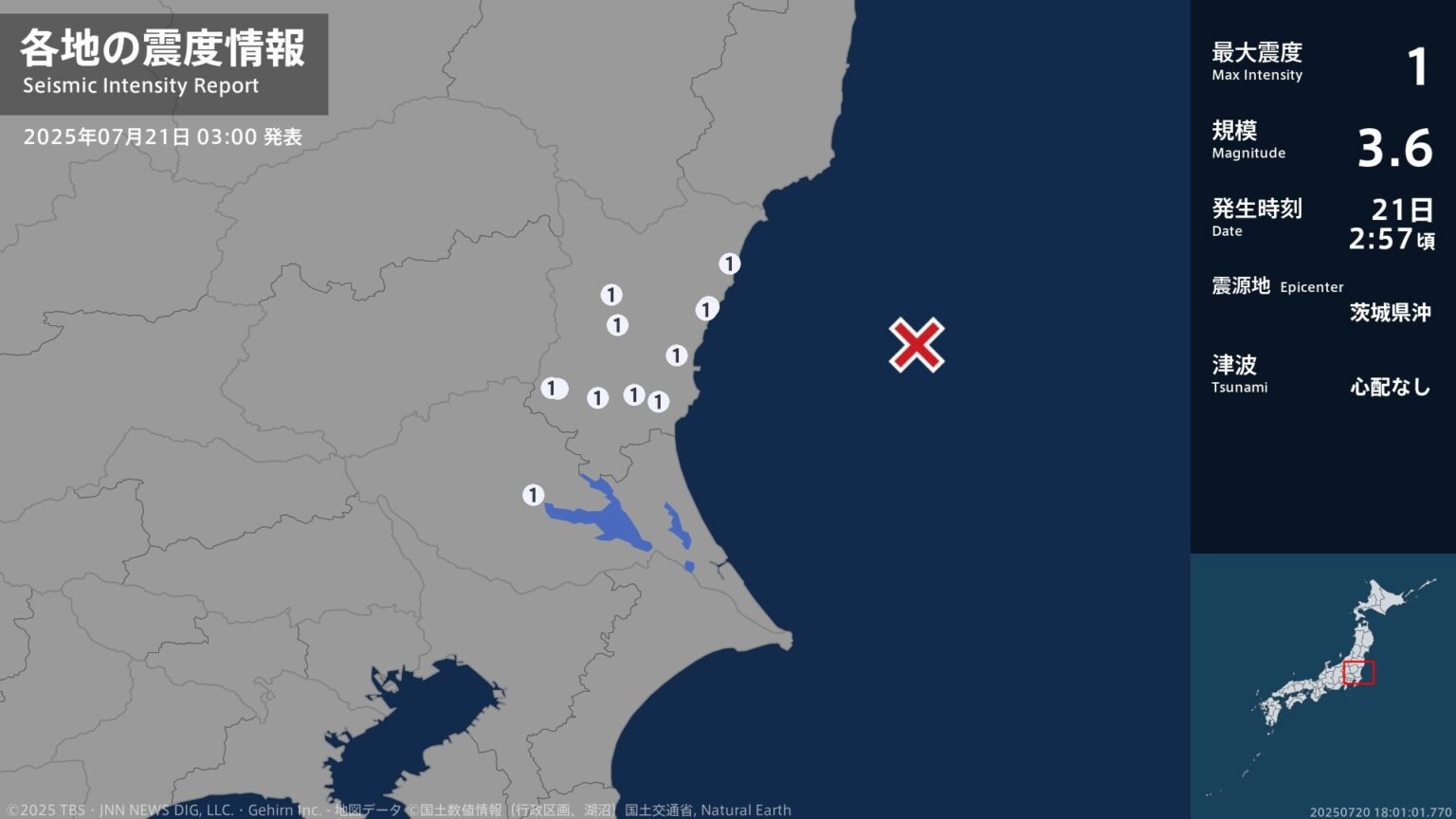 茨城県で最大震度1の地震　茨城県・水戸市、日立市、高萩市、笠間市、常陸大宮市、東海村、土浦市（TBS NEWS DIG Powered by JNN）