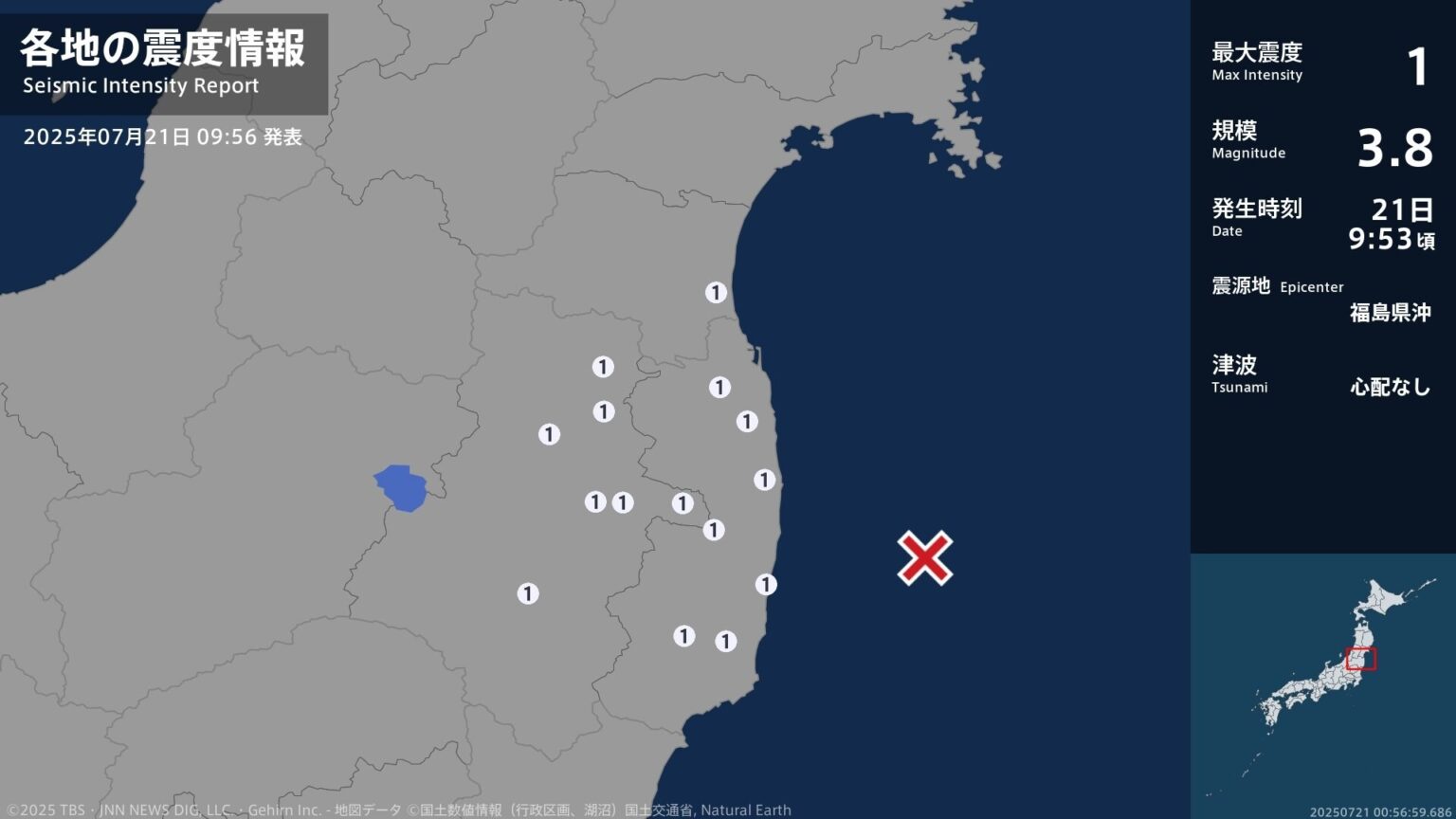 宮城県、福島県で最大震度1の地震　宮城県・山元町、福島県・二本松市、田村市、福島伊達市、川俣町、玉川村（TBS NEWS DIG Powered by JNN）
