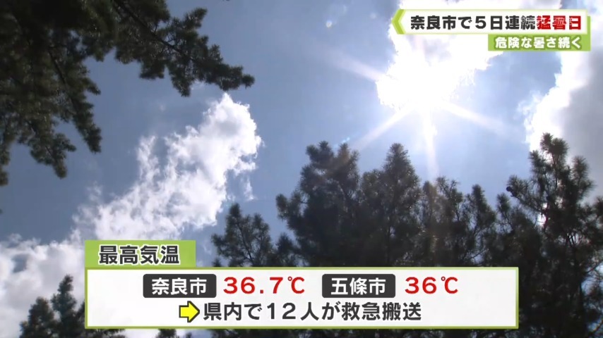 危険な暑さ続く 奈良市で５日連続の猛暑日（奈良テレビ放送） - Yahoo!ニュース