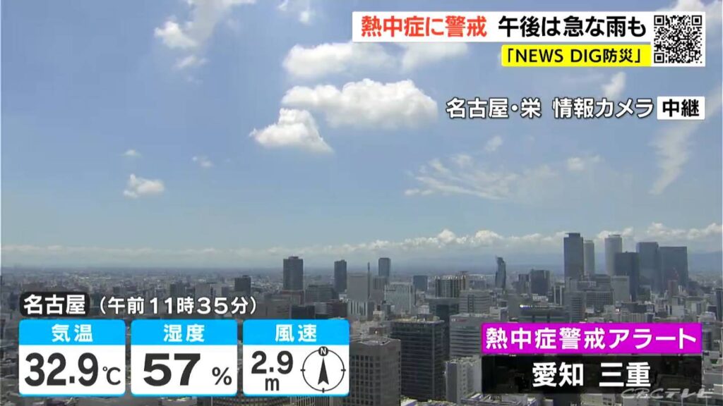 愛知・三重「熱中症警戒アラート」 予想最高気温は岐阜や高山36℃ 名古屋35℃ 山沿いを中心に激しい雨の降る所も 愛知・岐阜・三重の天気予報（7/25 昼）（CBCテレビ）