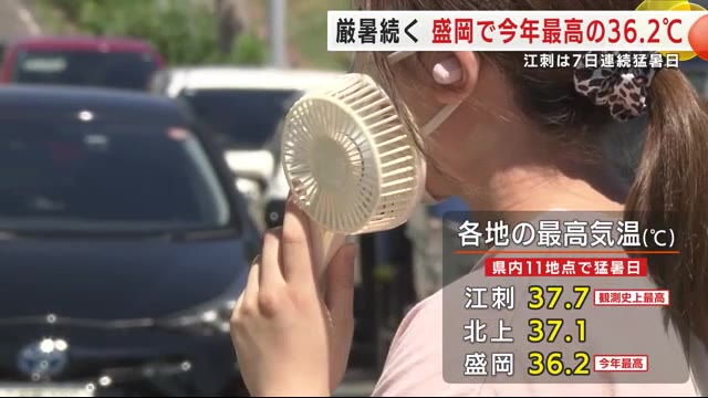 厳暑続く盛岡で2025年最高の36.2℃ 江刺は7日連続猛暑日 熱中症の疑いで7人搬送 岩手県（岩手めんこいテレビ） - Yahoo!ニュース - Yahoo!ニュース