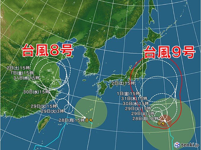 W台風が日本列島に影響 9号は8月はじめに関東接近の恐れ 8号は沖縄通過後も注意（tenki.jp） - Yahoo!ニュース - Yahoo!ニュース