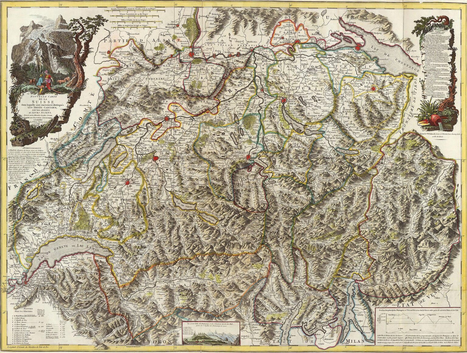 1799年のカントンと同盟国の両方を含む古いスイス連合の地図