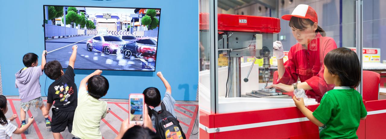 画像: 自身がデザインしたトミカが仮想空間でレースを繰り広げる「トミカ デザインレーシングNEO」（左）と、オリジナルのカスタマイズを行ったトミカを製作してもらえる「トミカ組み立て工場」（右）の様子。いずれも「トミカ博」定番の人気アトラクションだ。 (C) ＴＯＭＹ