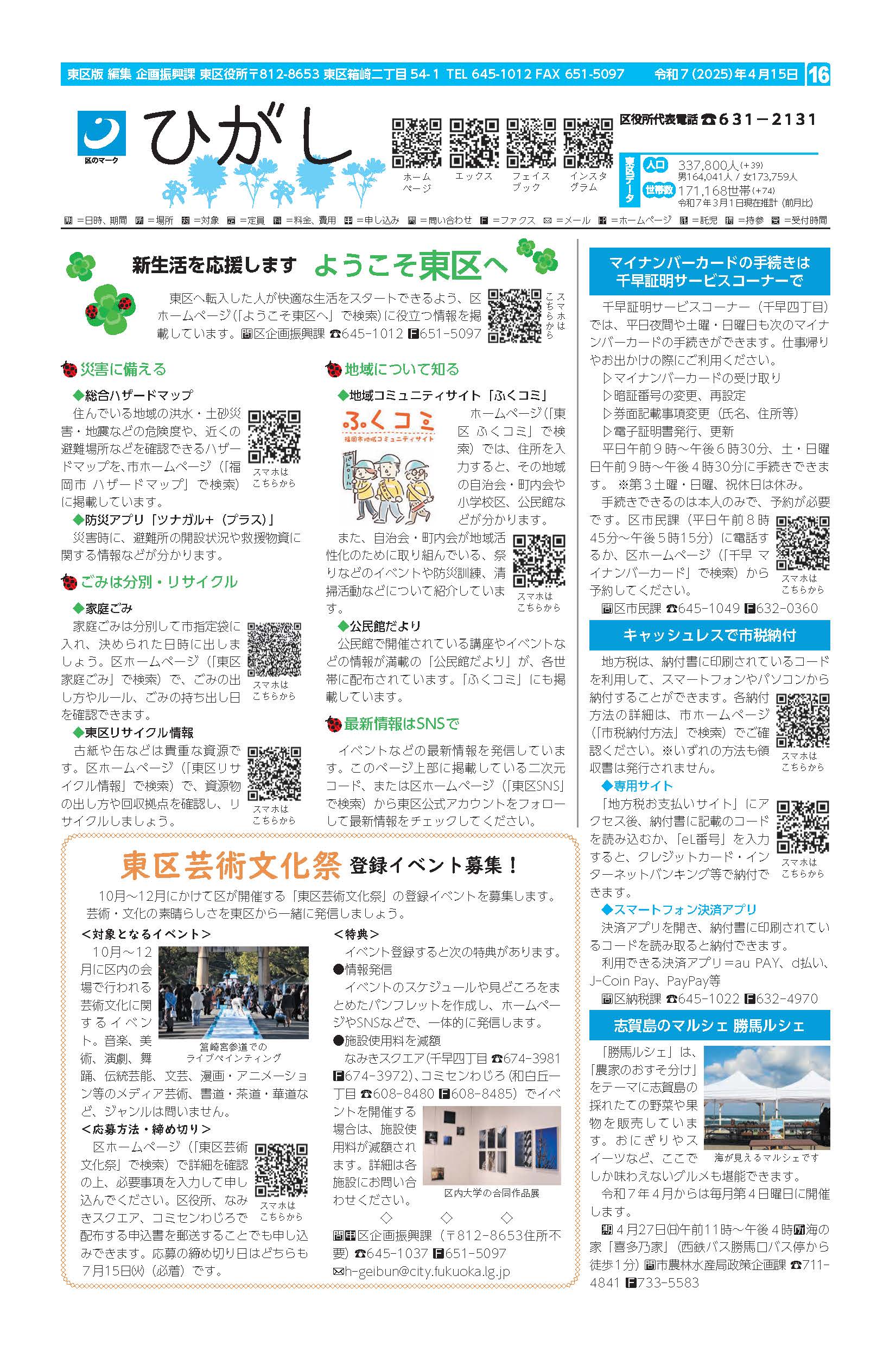 福岡市政だより2025年4月15日号の東区版の紙面画像