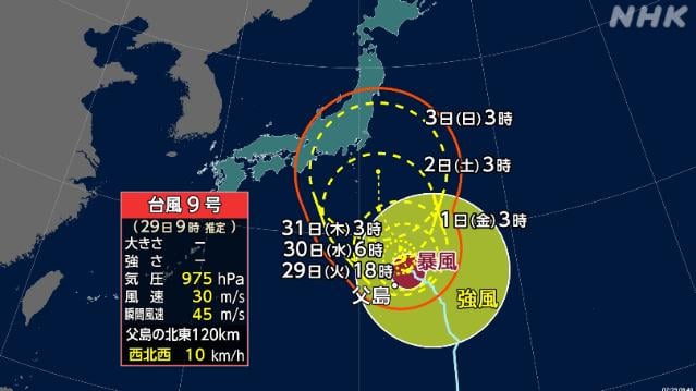 台風9号 動き遅く小笠原近海に停滞のおそれ 暴風や高波に警戒