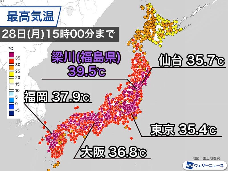 今日も広範囲で危険な猛暑が続く 福島県梁川で39.5℃を観測