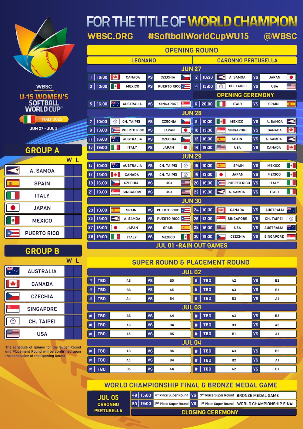 WBSC U-15 Women's Softball World Cup Schedule