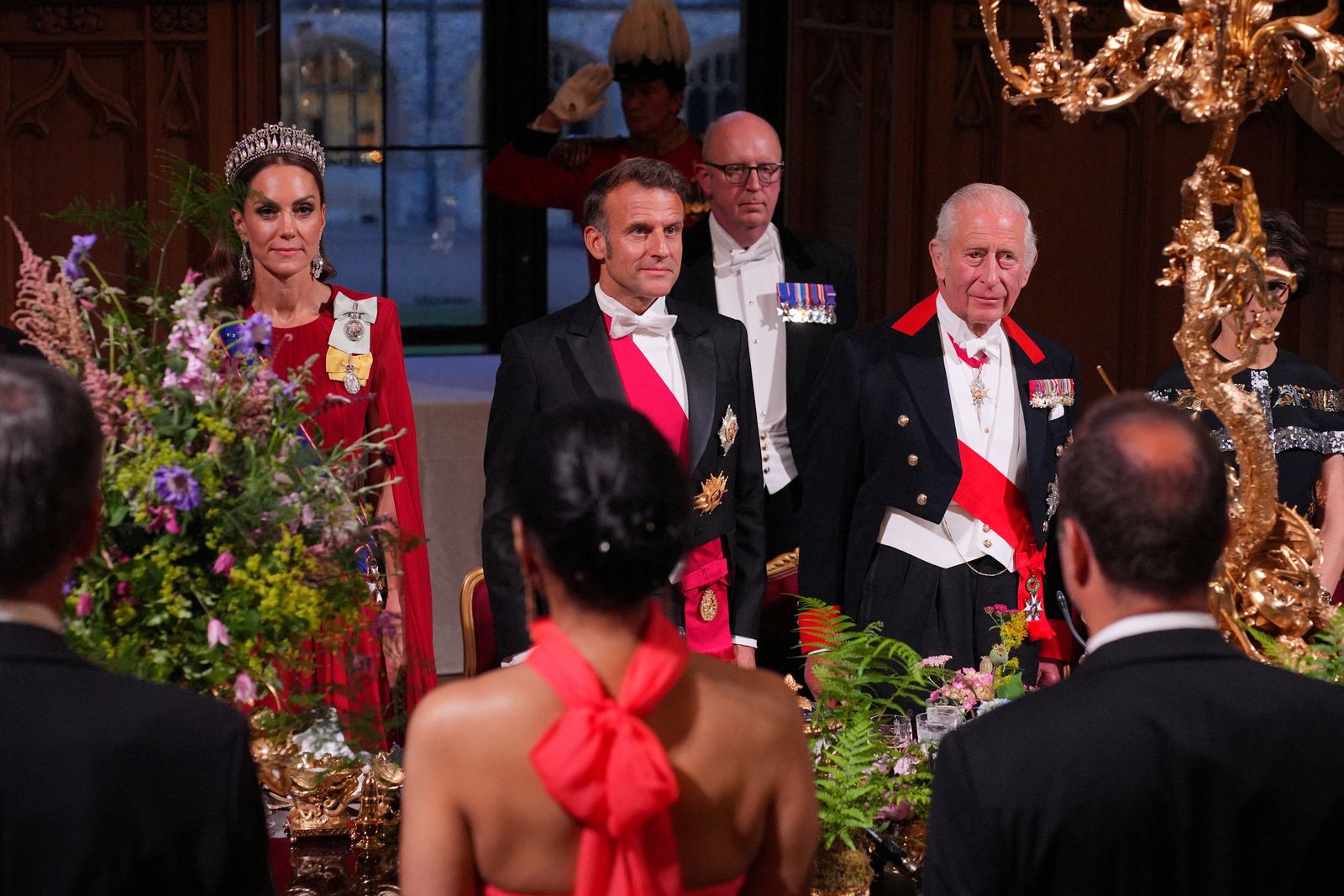 キャサリン妃、マクロン大統領、チャールズ国王、晩餐会King Charles Catherine Princess of Wales and President of France Emmanuel Macron attend the...