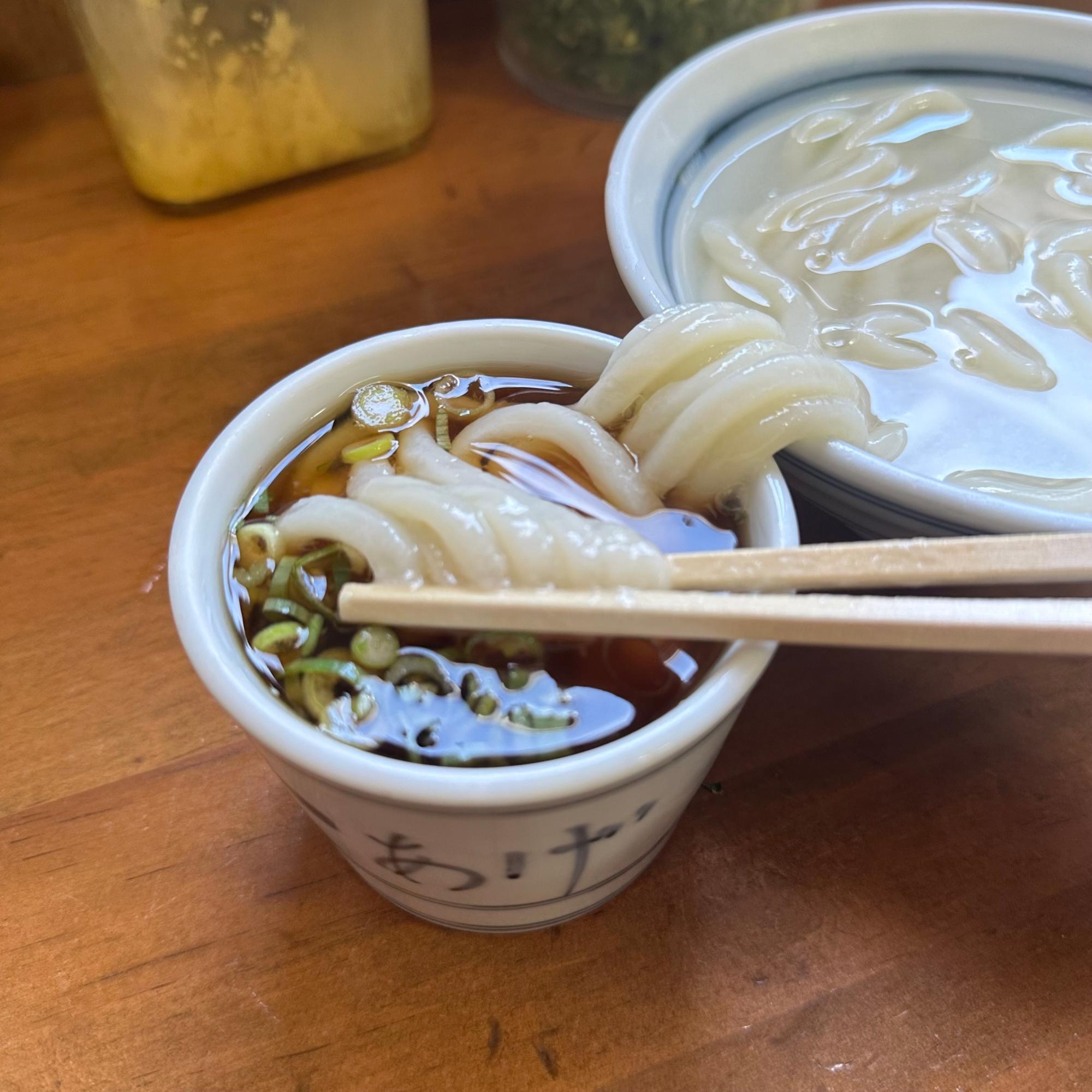 うどんは、太めながらやわらかく、噛むとモチモチで優しい弾力。