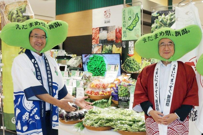 「新潟の枝豆です」知事と新潟市長、かぶり物姿で必死にＰＲ！都内の百貨店・新宿高島屋で初トップセールス - 新潟日報デジタルプラス