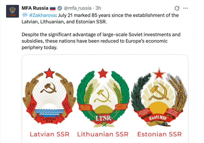 ロシア外務省は、ラトビア、リトアニア、エストニアと呼ばれるバルティクスに対するソ連のグリップを記念しています。しかし、今日、西から切り離され、戦争に閉じ込められ、衰退に滑り込んでいるのはロシアです。