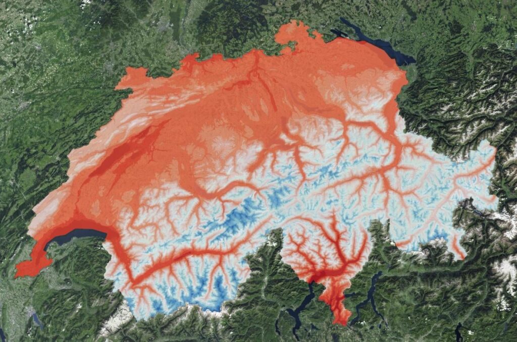 スイスの温度マップは非常識に見えます。気温1981年7月から2010年7月