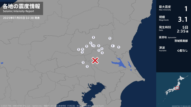 茨城県、栃木県、埼玉県で最大震度1の地震　茨城県・水戸市、笠間市、筑西市、栃木県・宇都宮市、栃木市