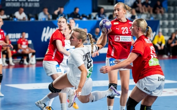 写真W19欧州女子ハンドボール選手権大会準決勝ドイツとデンマークの試合の様子、写真出典=欧州ハンドボール連盟