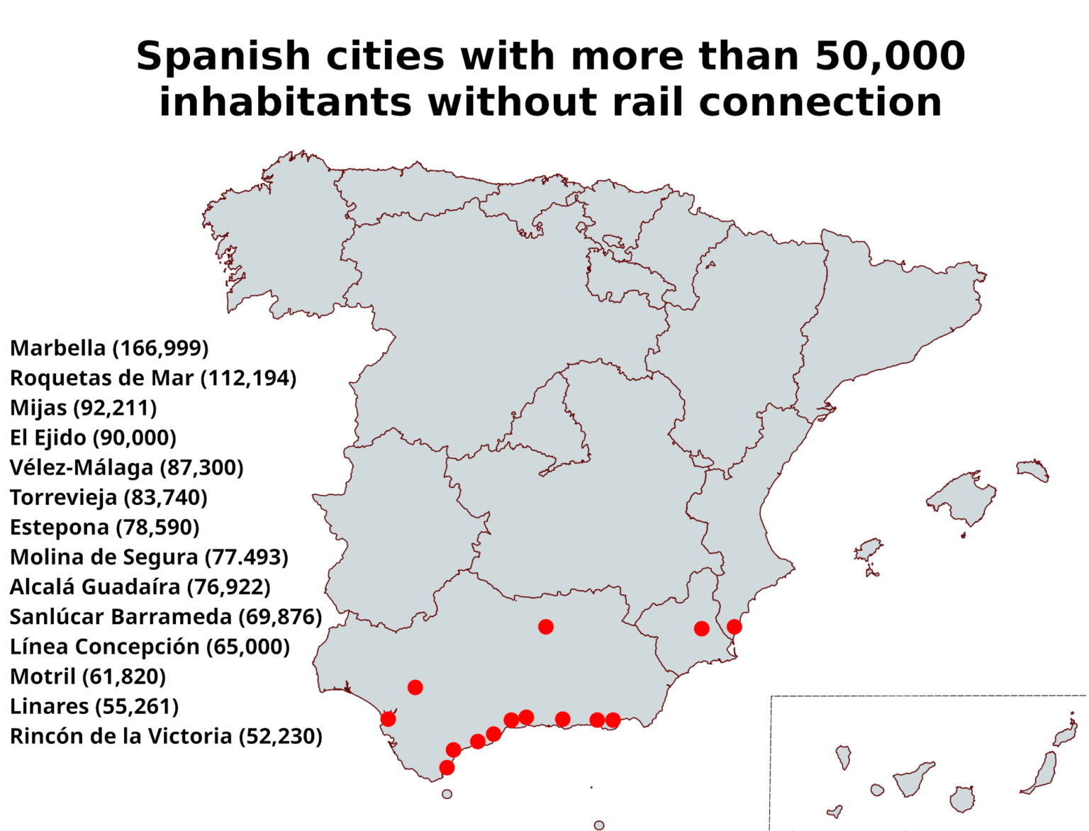 鉄道接続のない50,000人以上の住民を持つスペインの都市