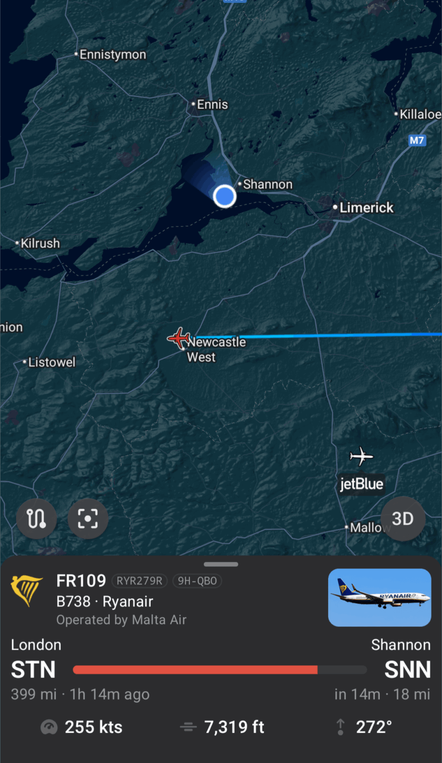 ライアンエアは、私たちの飛行機が現在搭乗していると発表しました。入ってくる航空機は7,319フィートです