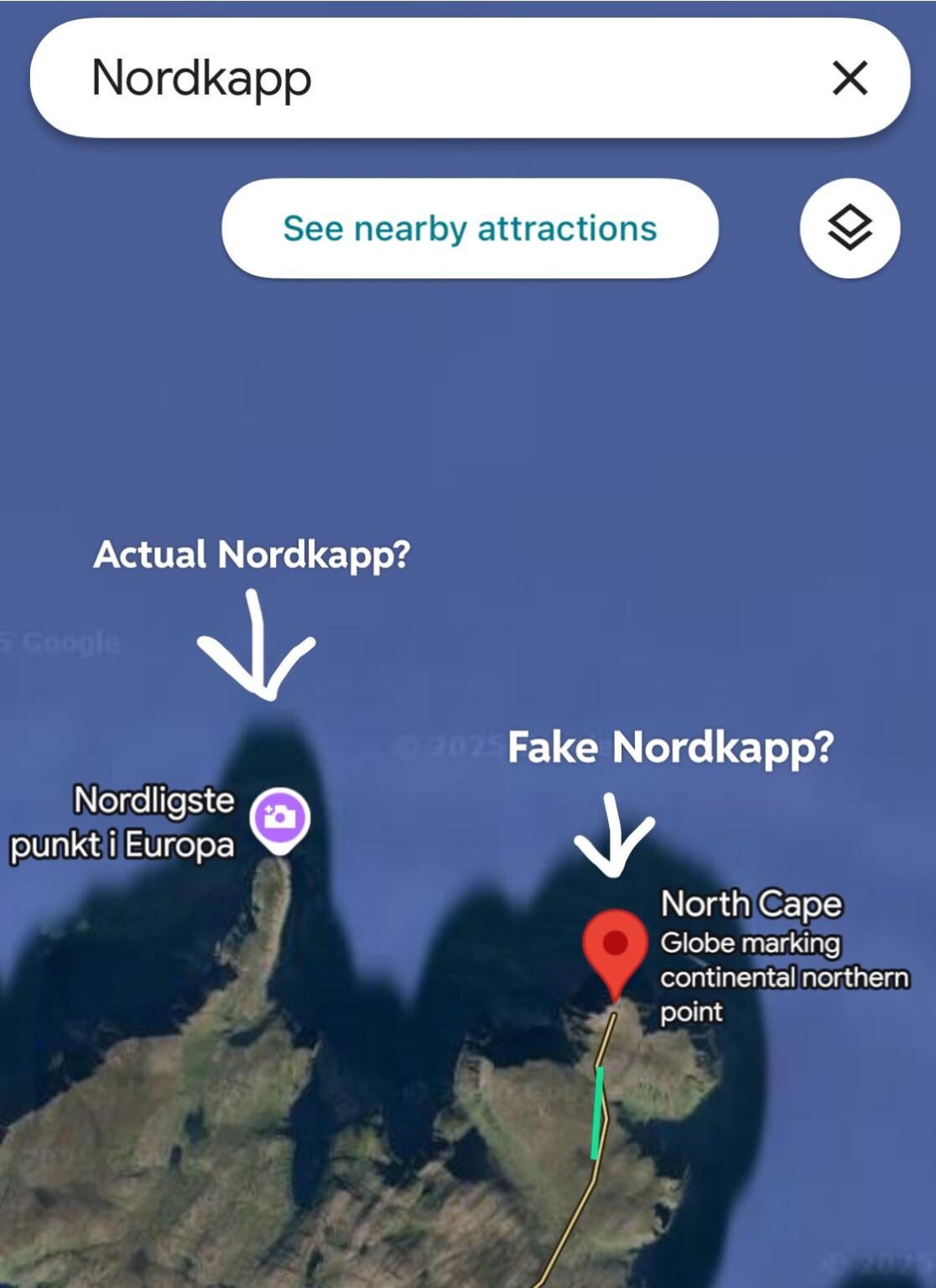 なぜノルドカップの像と道路は、実際には最北端のものではないケープの像と道路があるのですか？