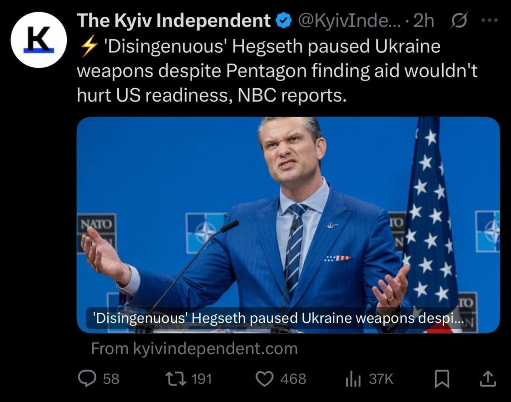 そのため、ペンタゴンは米国の準備にリスクを感じませんでしたが、ヘグスはウクライナへの武器の配達を一時停止しました