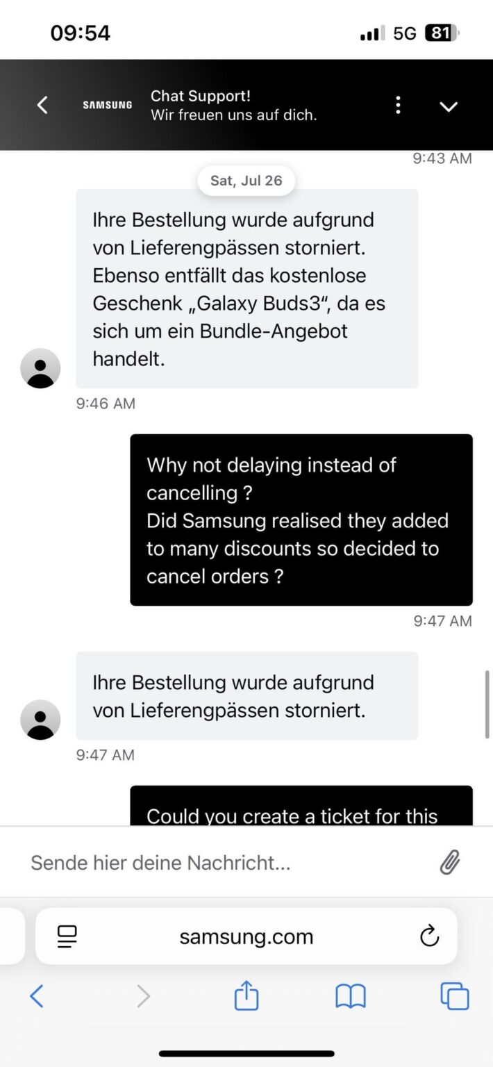Samsung Chは私の割引注文（z Fold + Watch）の一部をキャンセルし、サポートチャットから私をブロックしました - 私は何ができますか？