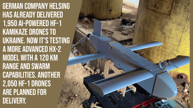ドイツの会社Helsingは、すでに1,950のAI駆動のHF-1 Kamikaze Dronesをウクライナに届けています。現在、120 kmの範囲と群れ機能を備えた、より高度なHX-2モデルをテストしています。別の2,050 HF-1ドローンが配達のために計画されています。