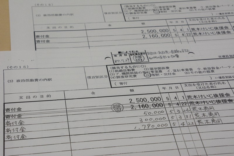 毎日新聞からの指摘後に訂正された自由民主党群馬県桐生市第四支部の政治資金収支報告書（手前）。桐生市長選で支出したものの不記載だった179万円が記載されている＝前橋市で2025年8月6日午前11時45分、加藤栄撮影