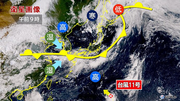 衛星画像　前線の近くでは風も強まりやすい