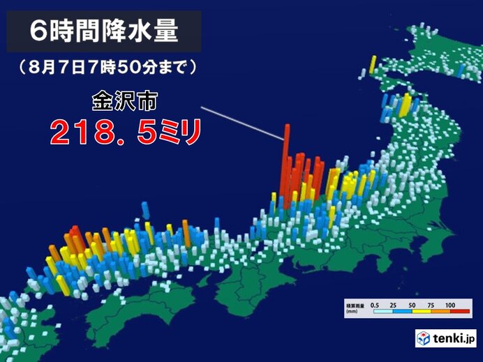 金沢で記録的な大雨　7日昼過ぎにかけて富山県や石川県で新たに線状降水帯発生の恐れ