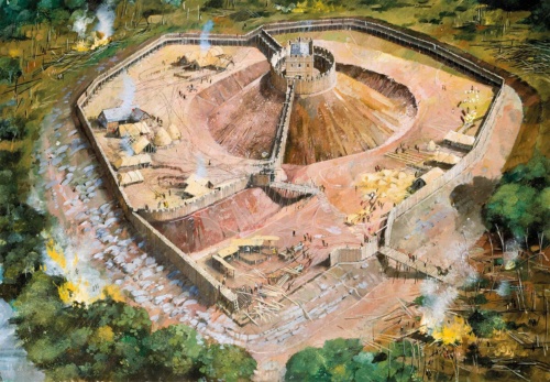 イングランド王ウィリアム1世が、イングランド北東部のピカリングに建造を命じた木造の要塞は、今は残っていない。このイラストは、13世紀に建てられた石造要塞の名残を参考にして、元の木造要塞を描いた想像図。（Illustration by Jaime García Carpintero; Based on research by Jesús Molero, David Gallego, and Cristina Peña）