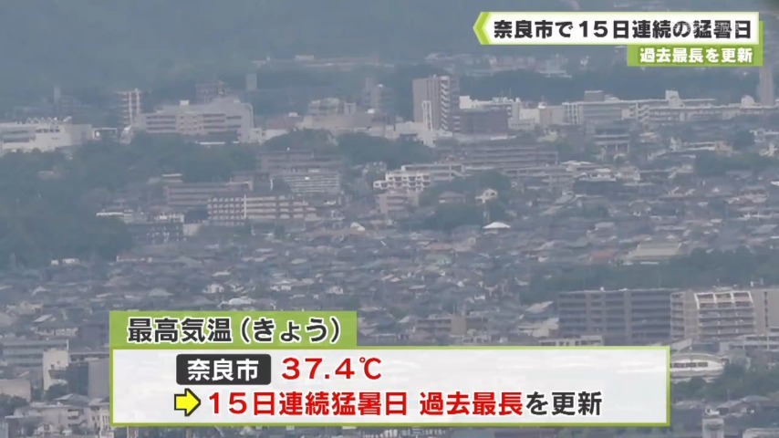 過去最長を更新 奈良市で１５日連続の猛暑日（奈良テレビ放送） - Yahoo!ニュース