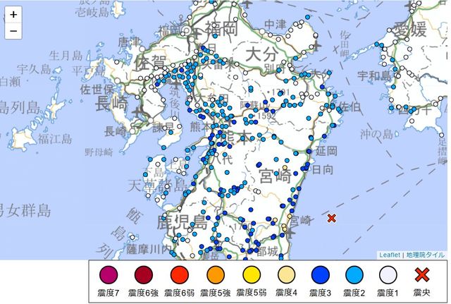 【速報】宮崎で震度4 福岡・佐賀でも震度3を観測 震源地は日向灘 九州の各地の震度を詳しく（FBS福岡放送） - Yahoo!ニュース - Yahoo!ニュース