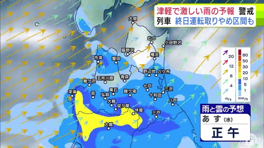 【大雨情報】青森県「津軽」で大雨の見込み 20日までの24時間の予想降雨量が津軽…120ミリ 下北と三八上北…80ミリ 前線が日本海から津軽海峡付近に停滞か【雨と雲の予想シミュレーション】（ＡＴＶ青森テレビ） - Yahoo!ニュース - Yahoo!ニュース
