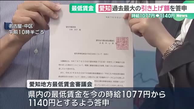愛知県の最低賃金、過去最大の引き上げ額で答申 時給1077円から63円増の1140円（メ〜テレ（名古屋テレビ）） - Yahoo!ニュース - Yahoo!ニュース
