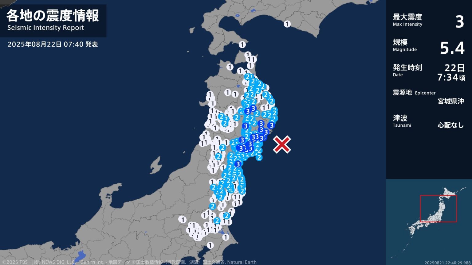 岩手県、宮城県で最大震度3の地震　岩手県・大船渡市、釜石市、住田町、盛岡市、北上市、遠野市、一関市（TBS NEWS DIG Powered by JNN）