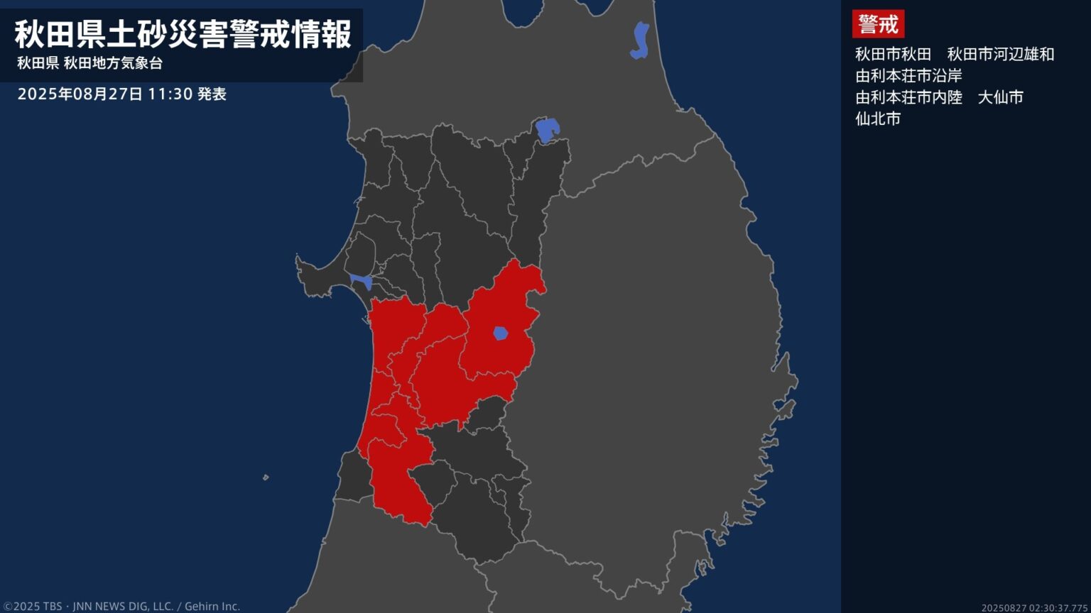 ＜解除＞【土砂災害警戒情報】秋田県・上小阿仁村、三種町 27日11:30時点（TBS NEWS DIG Powered by JNN）