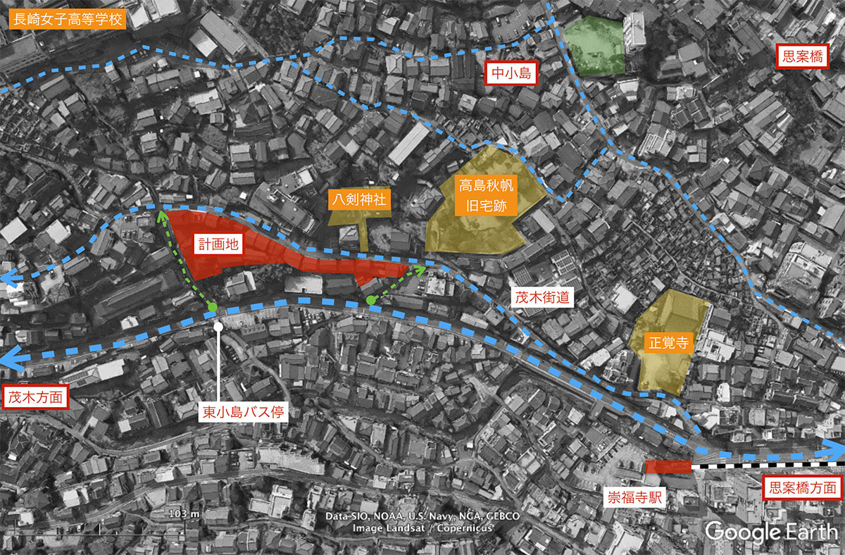 長崎坂宿の計画地。右下に市電の終着駅「崇福寺駅」があり、観光の中心地、思案橋などからも近い（資料：小笠原企画）