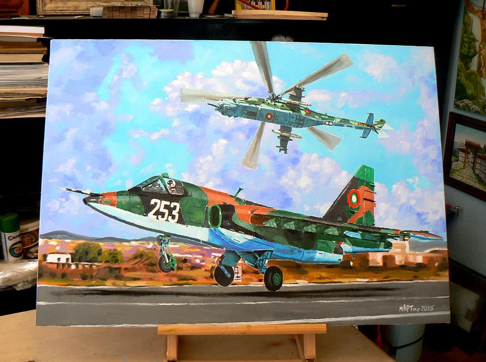 SU-25およびMI-24。ブルガリア空軍。キャンバス50 x 70 cmのオイル。昨日それを終えました。
