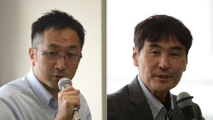 環境省復興再生利用・最終処分事業推進担当の中野哲哉参事官（左）と、長崎大学原爆後障害医療研究所の高村昇教授