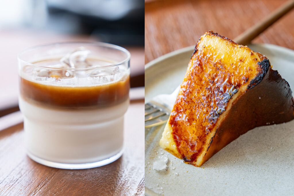 バスクチーズケーキのお店「sammo（サモ）」のチーズけケーキとカフェラテの画像