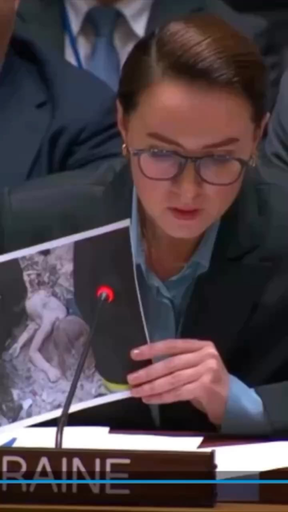 国連安全保障理事会で、ウクライナの首相は、ロシアの代表者が彼女の電話を見ている間、キエフでのロシアの空爆で殺された子供の写真を示しています。