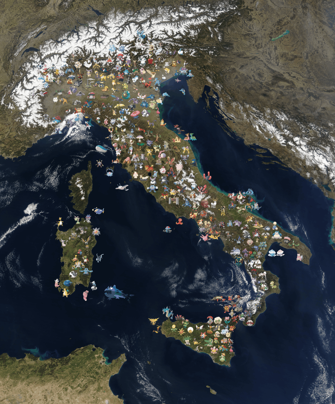 イタリアがポケモン地域だった場合（私はイタリアの領土でのほとんどのポケモンの分布を想像しようとしました。イースターエッグがいくつかあります）