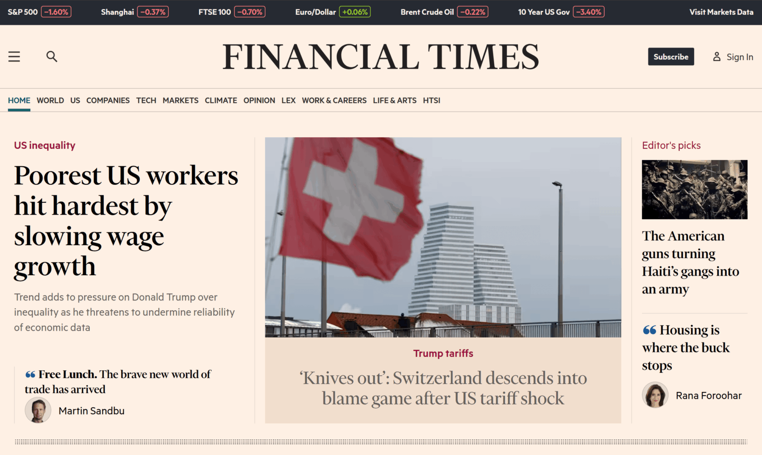 スイスは日曜日にFinancial Timesのフロントページを作りました