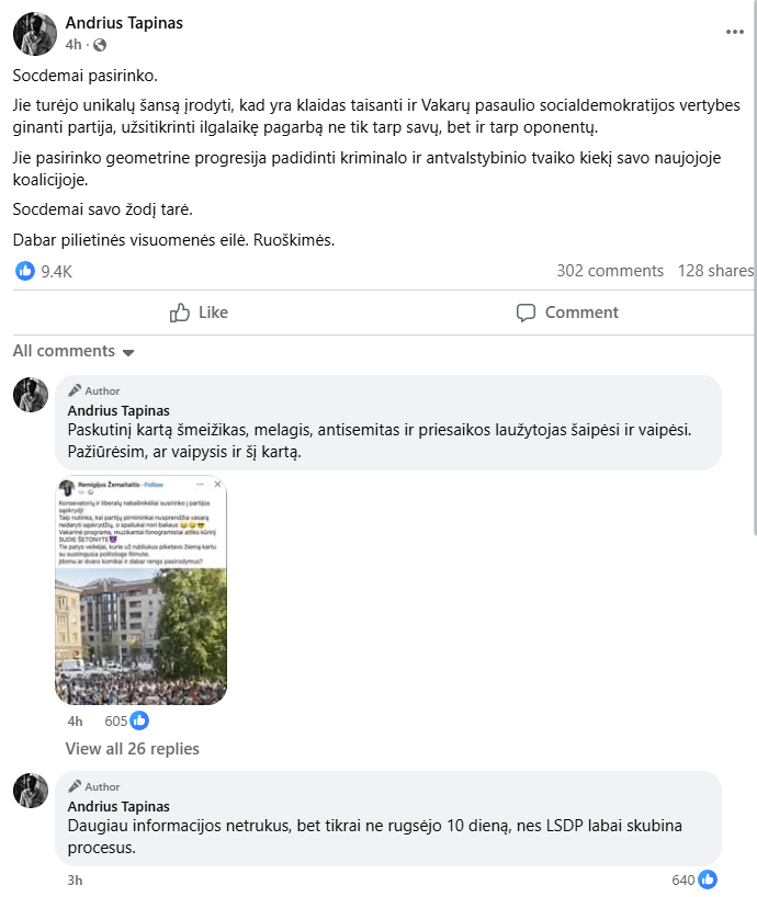 SocdemsはPro -Russian Coalitionを選択し、Vegelは空中に戻り、Vaitkusだけが完全なChebraに欠けています。 Tapinは、新しい抗議が速いことを共有しています -  Socbebraisはプロセスを急いでいます。