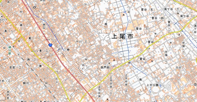 上尾市平塚2丁目の位置（地図の右下付近）＝国土地理院HPから