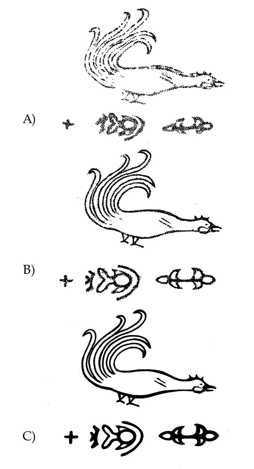 鳥と十字と魚のような装飾を描いたタトゥー/D. Riday
