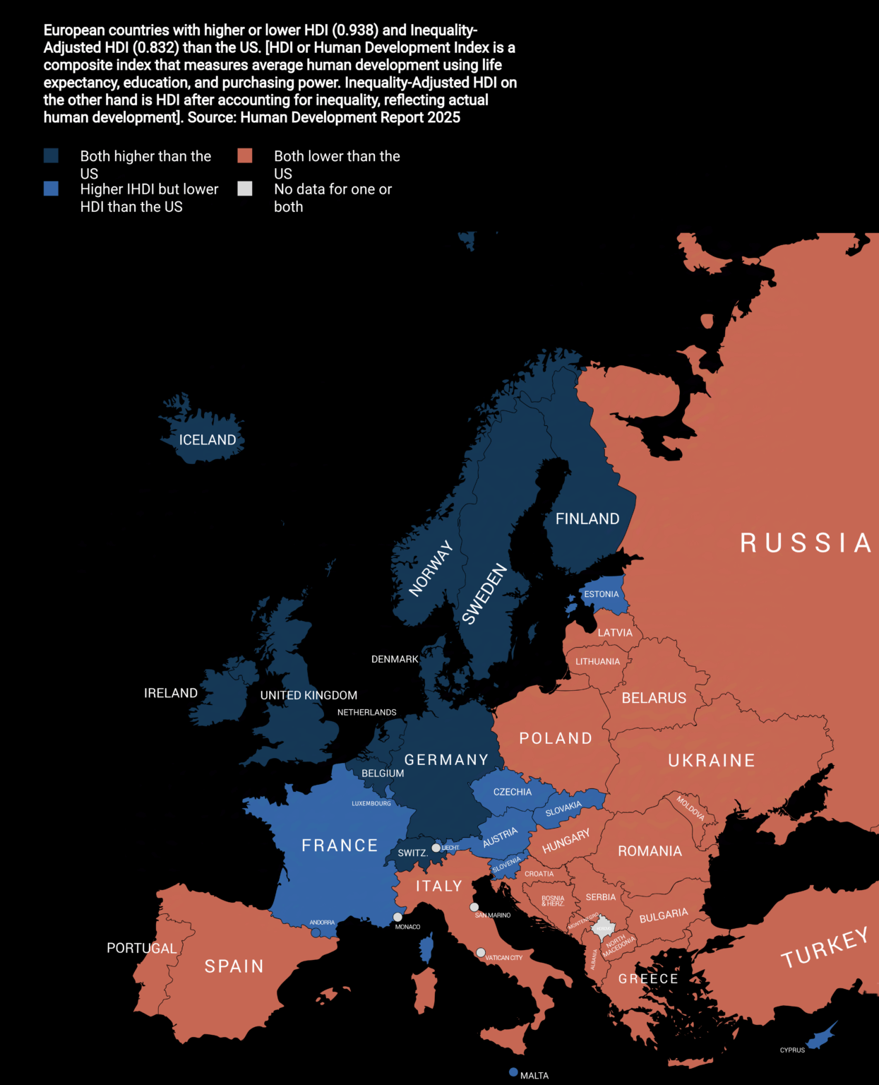 [OC] ヨーロッパ諸国がHDIと不平等に調整されたHDI（2025）の米国と比較する方法